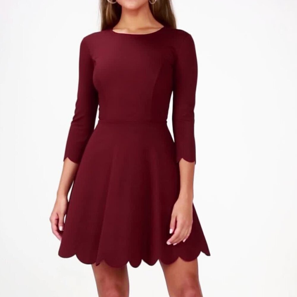Lulus Cranberry Maroon Scalloped‎ Long Sleeve Dress